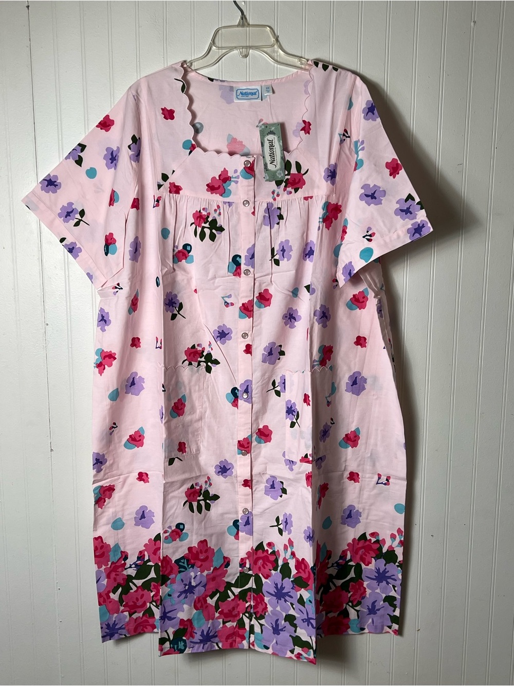 National Pearl Snap Front House Dress Duster Pink Floral Cotton Lounger